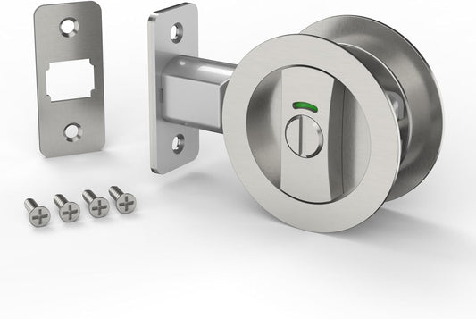 Brushed Nickel Round Privacy Pocket Door Lock with Color Coded Indicators for Bathroom - Heavy Duty Bed/Bath Hardware Replacement - WildKart