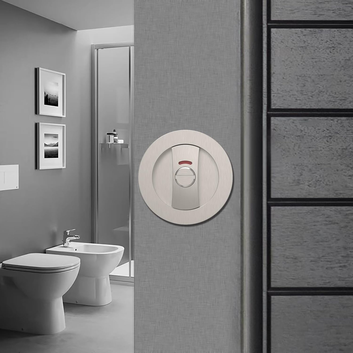 Brushed Nickel Round Privacy Pocket Door Lock with Color Coded Indicators for Bathroom - Heavy Duty Bed/Bath Hardware Replacement - WildKart