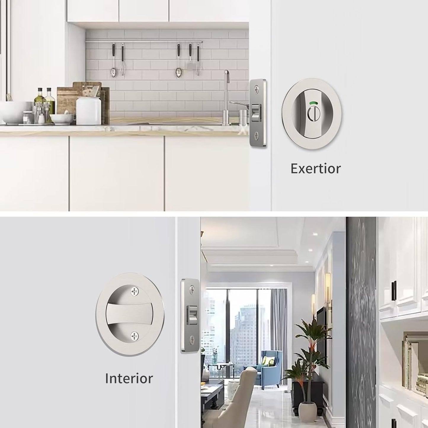 Brushed Nickel Round Privacy Pocket Door Lock with Color Coded Indicators for Bathroom - Heavy Duty Bed/Bath Hardware Replacement - WildKart