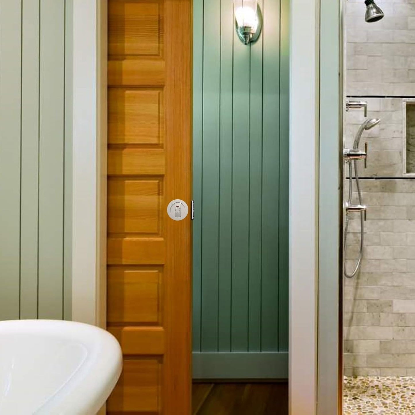 Brushed Nickel Round Privacy Pocket Door Lock with Color Coded Indicators for Bathroom - Heavy Duty Bed/Bath Hardware Replacement - WildKart