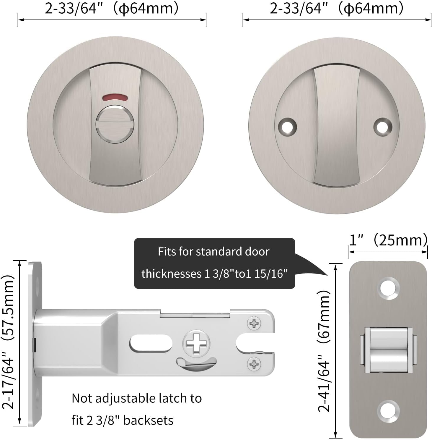 Brushed Nickel Round Privacy Pocket Door Lock with Color Coded Indicators for Bathroom - Heavy Duty Bed/Bath Hardware Replacement - WildKart
