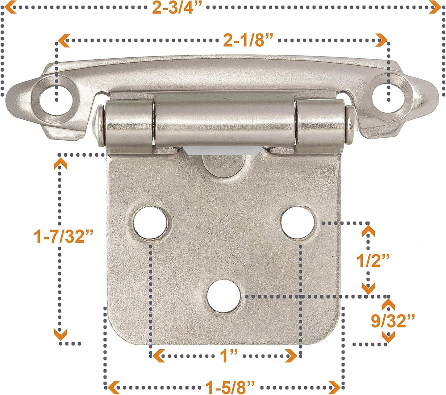 Brushed Nickel Self-Closing Cabinet Hinges for Kitchen Cabinets - 1/2" Overlay (25 Pair) - WildKart