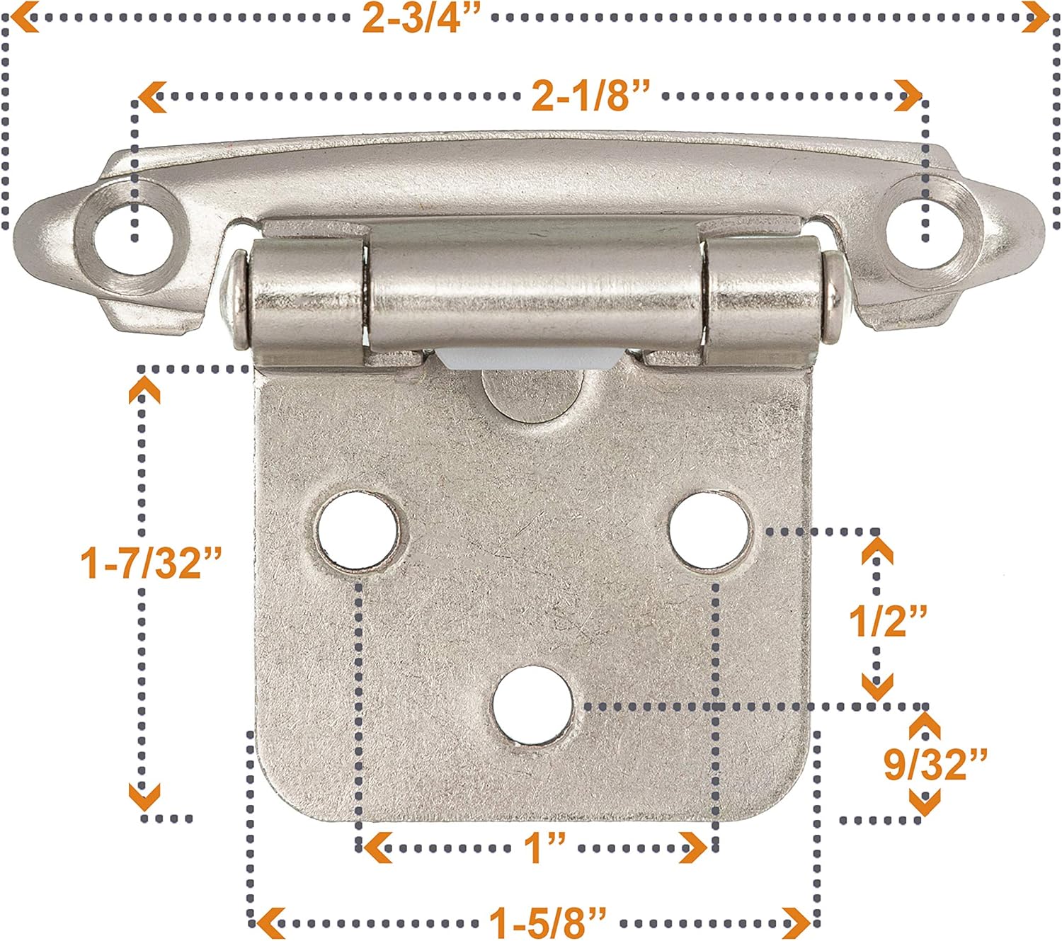 Brushed Nickel Self-Closing Cabinet Hinges for Kitchen Cabinets - 1/2" Overlay (25 Pair) - WildKart