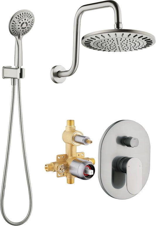 Brushed Nickel Shower Faucet Set with Rainfall Shower Head and Handheld Spray - Double Handle Shower System with Valve Trim Kit - 9 Settings