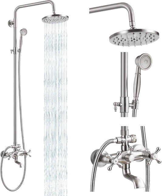 Brushed Nickel Shower System with 8 Inch Rainfall Showerhead, Tub Spout, and Cross Handles - gotonovo Exposed Faucet Set