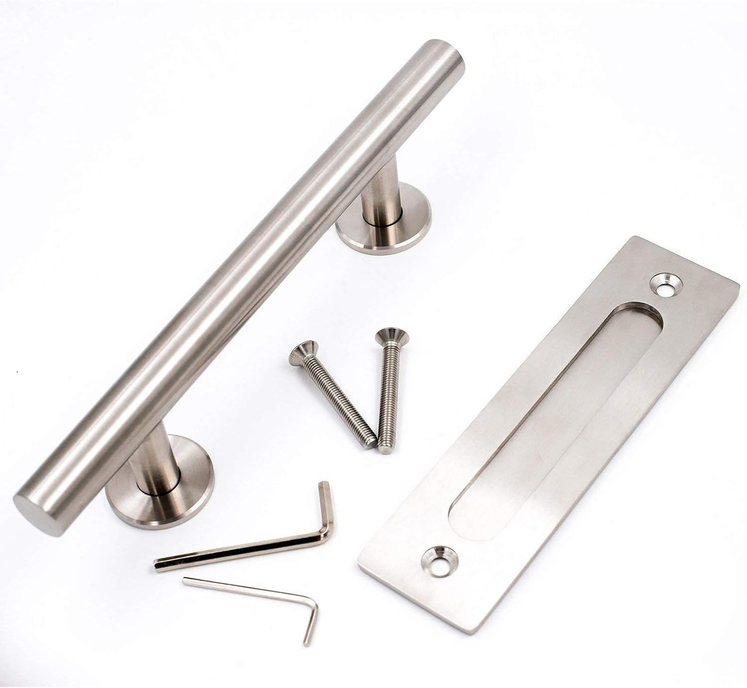 Brushed Nickel Sliding Barn Door Handle and Flush Pull Set - Heavy Duty Stainless Steel Hardware - 1 Pack - 12" - Goldenwarm