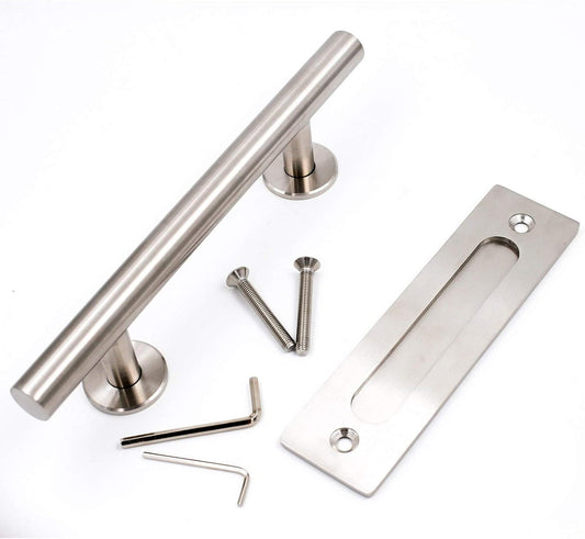 Brushed Nickel Sliding Barn Door Handle and Flush Pull Set - Heavy Duty Stainless Steel Hardware - 1 Pack - 12" - Goldenwarm