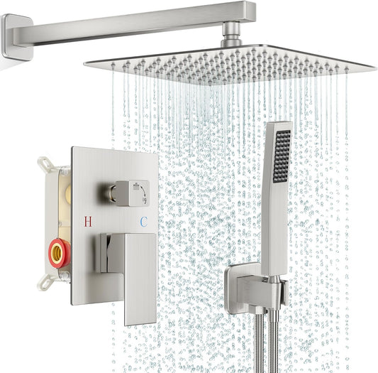 Brushed Nickel Square Rain Shower Head Set with Handle - Wall Mounted Bathroom Shower Faucet Kit (12 inch)
