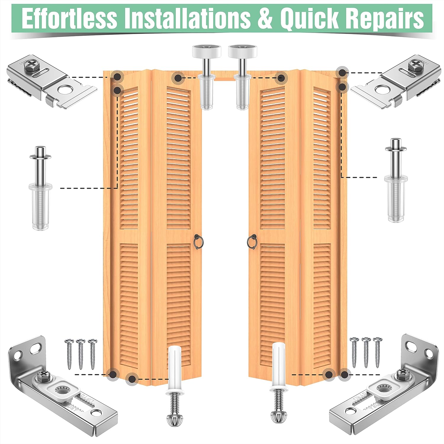 BUDONI Bi-fold Sliding Closet Door Hardware Repair Kit - 2 Pack Set for 7/8" to 1" Track, Includes Top Bottom Pivots Bracket and Guide Wheel - Folding Pocket Door Replacement Parts