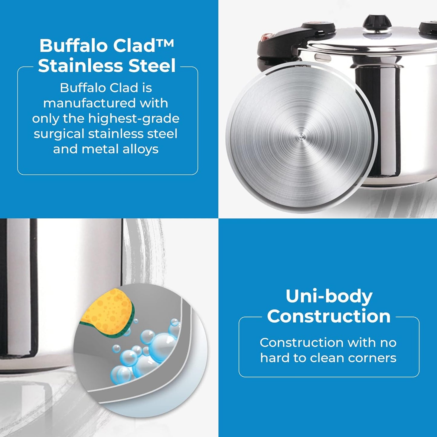 Buffalo 8 Qt Stainless Steel Pressure Cooker - Small Canning Pot with Lid for Home and Commercial Use - Easy to Clean Stovetop Pressure Canner - SG Certified QCP408