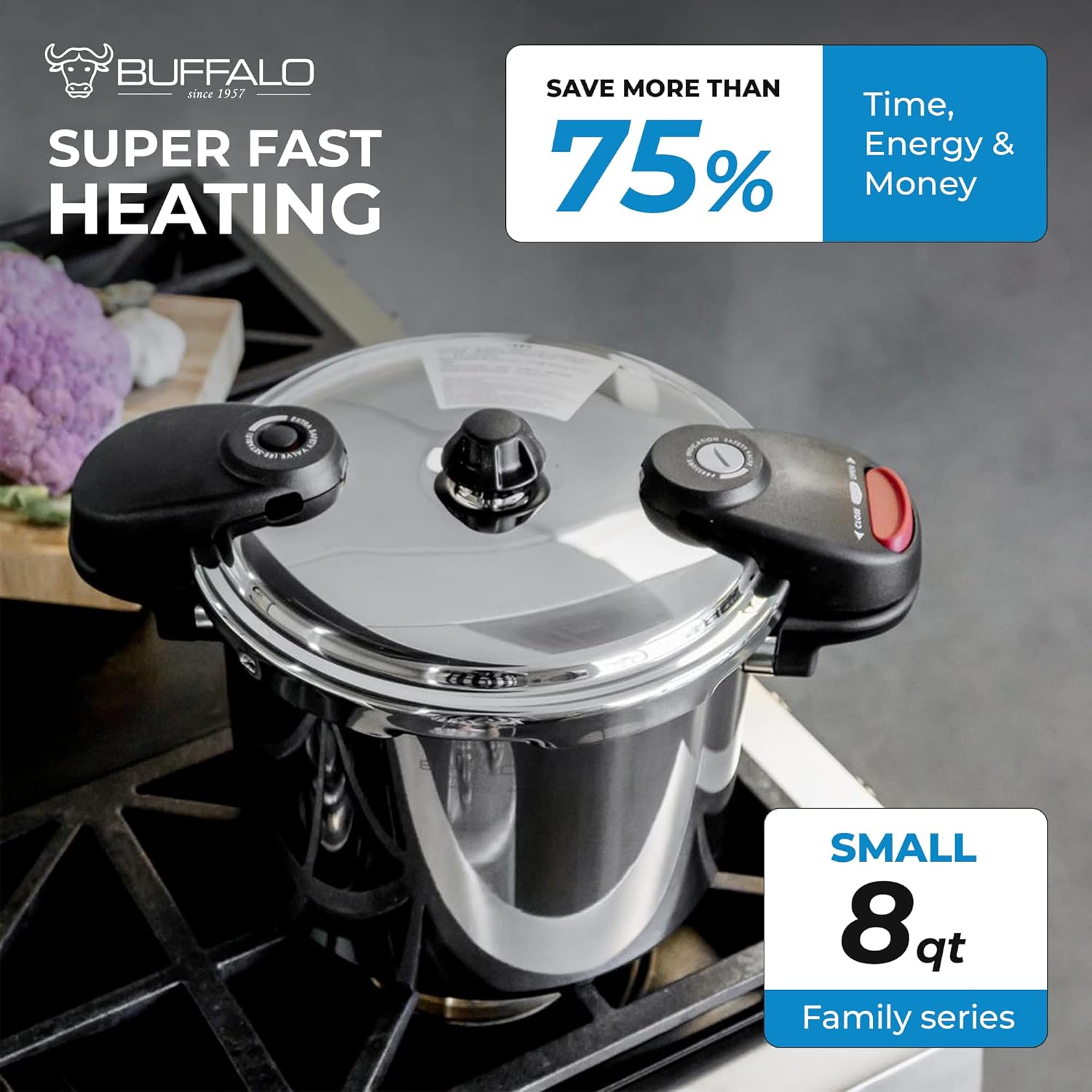 Buffalo 8 Qt Stainless Steel Pressure Cooker - Small Canning Pot with Lid for Home and Commercial Use - Easy to Clean Stovetop Pressure Canner - SG Certified QCP408