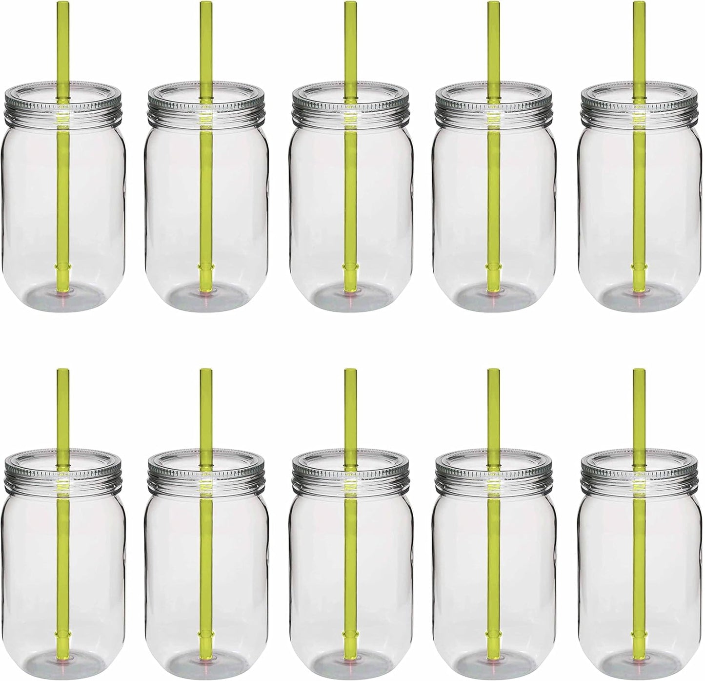 Bulk Pack of 10 Apple Green Plastic Mason Jars with Straw - 24 oz. - Perfect for Overnight Oats, Fruits, Pickles, and Beverages