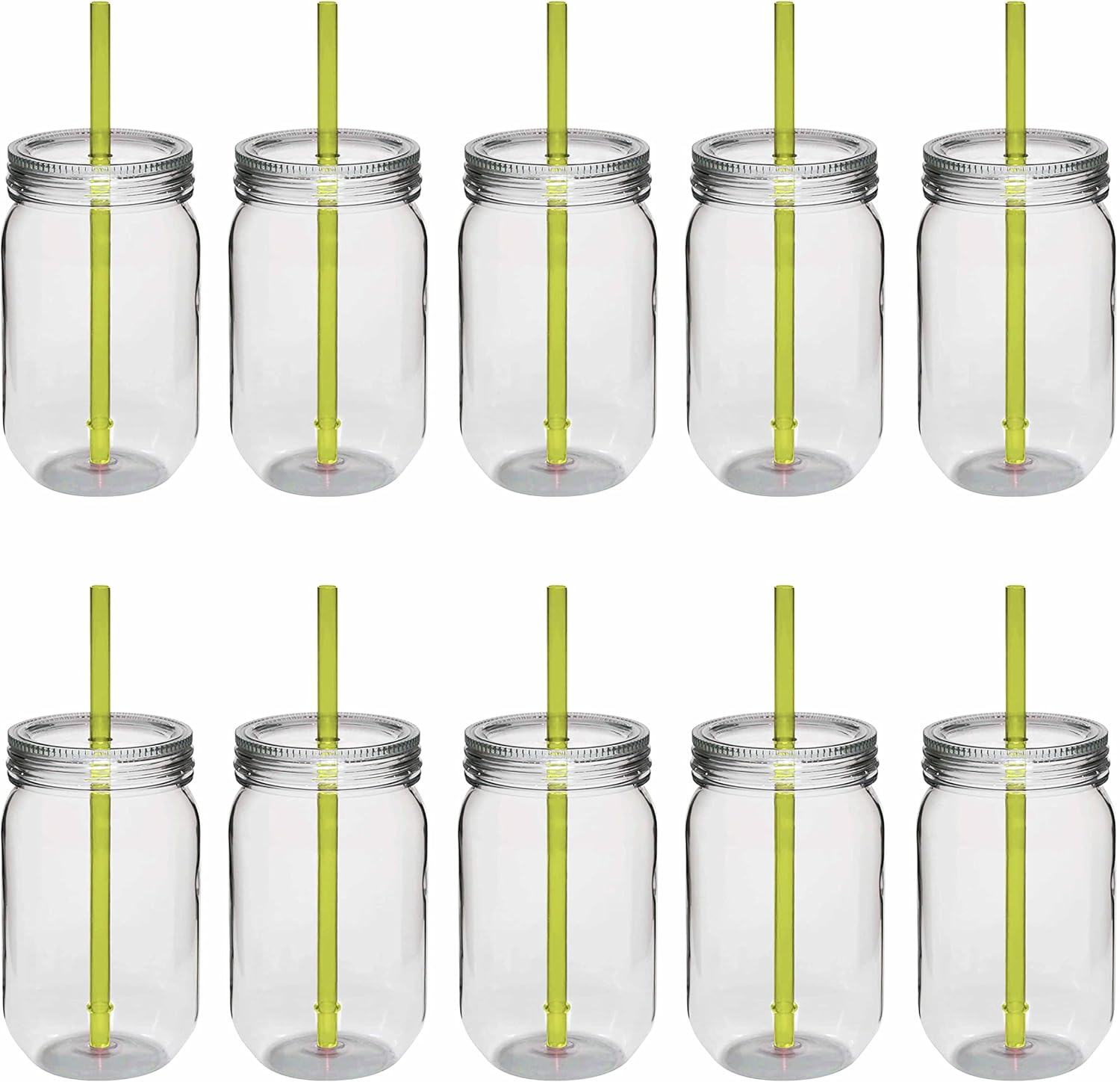 Bulk Pack of 10 Apple Green Plastic Mason Jars with Straw - 24 oz. - Perfect for Overnight Oats, Fruits, Pickles, and Beverages