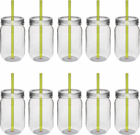 Bulk Pack of 10 Apple Green Plastic Mason Jars with Straw - 24 oz. - Perfect for Overnight Oats, Fruits, Pickles, and Beverages
