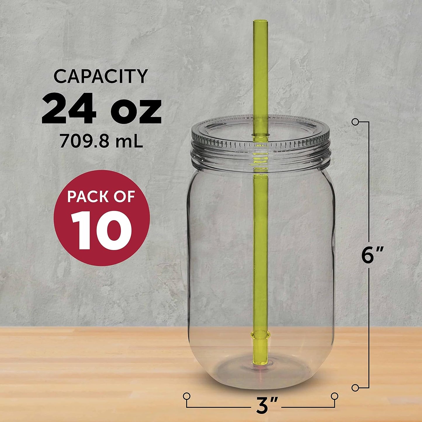 Bulk Pack of 10 Apple Green Plastic Mason Jars with Straw - 24 oz. - Perfect for Overnight Oats, Fruits, Pickles, and Beverages