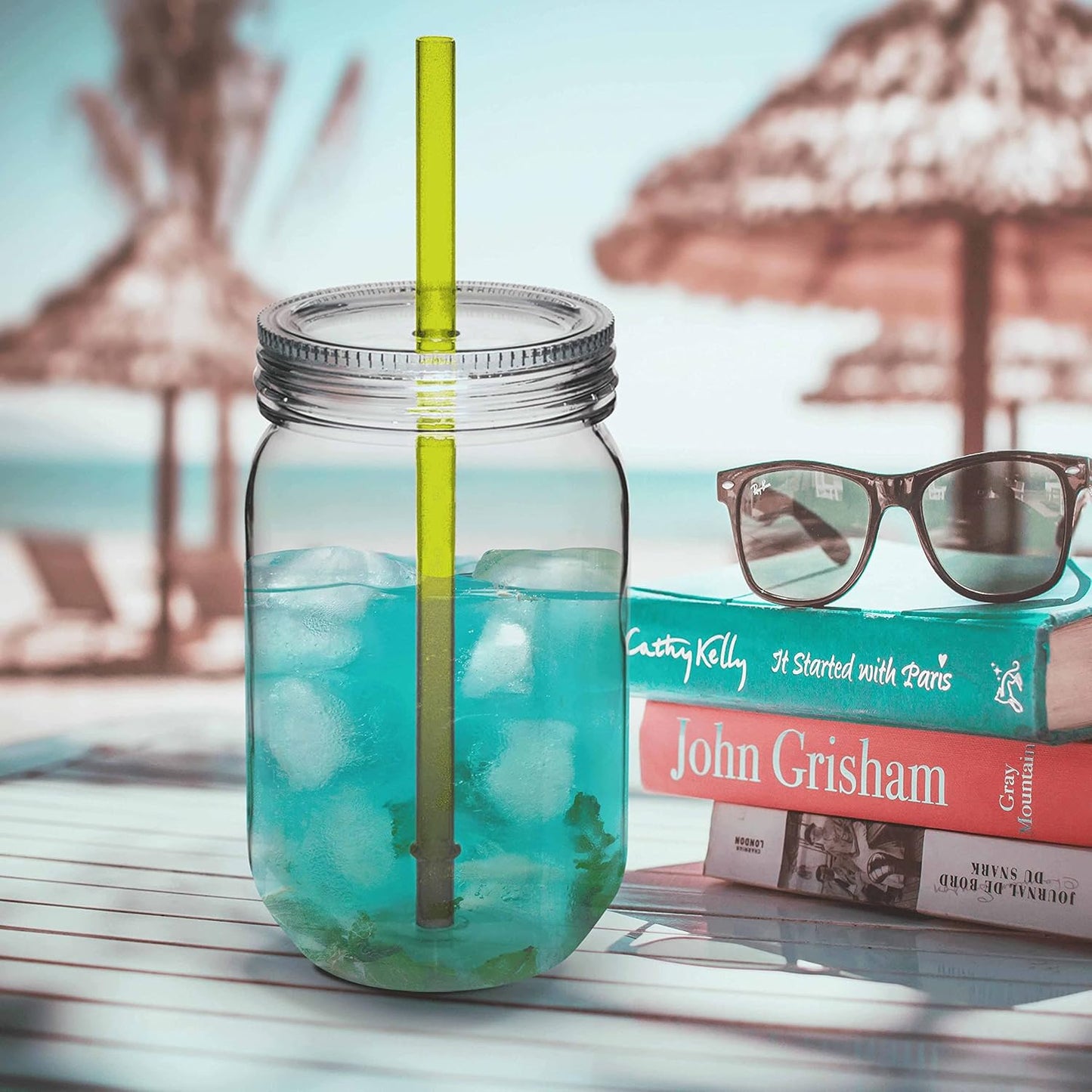 Bulk Pack of 10 Apple Green Plastic Mason Jars with Straw - 24 oz. - Perfect for Overnight Oats, Fruits, Pickles, and Beverages