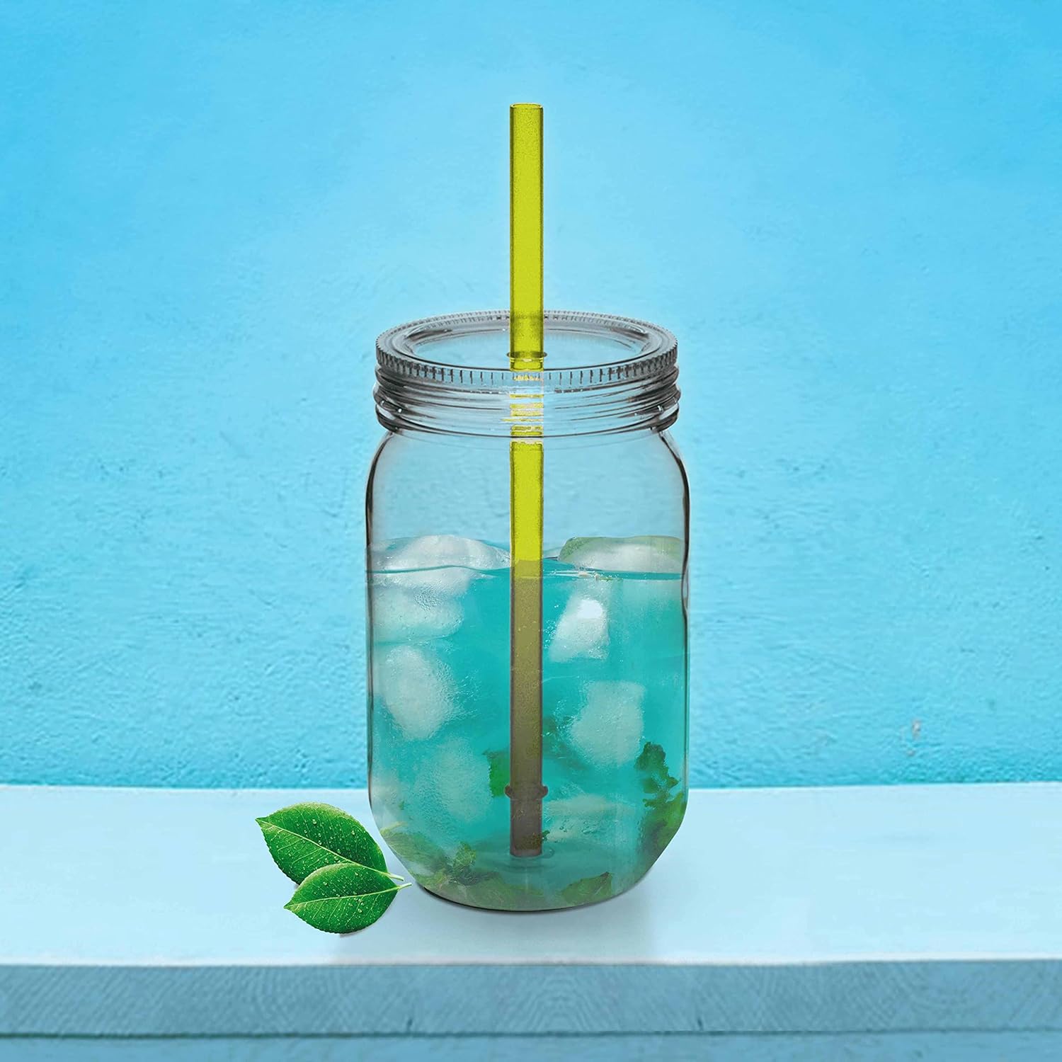 Bulk Pack of 10 Apple Green Plastic Mason Jars with Straw - 24 oz. - Perfect for Overnight Oats, Fruits, Pickles, and Beverages