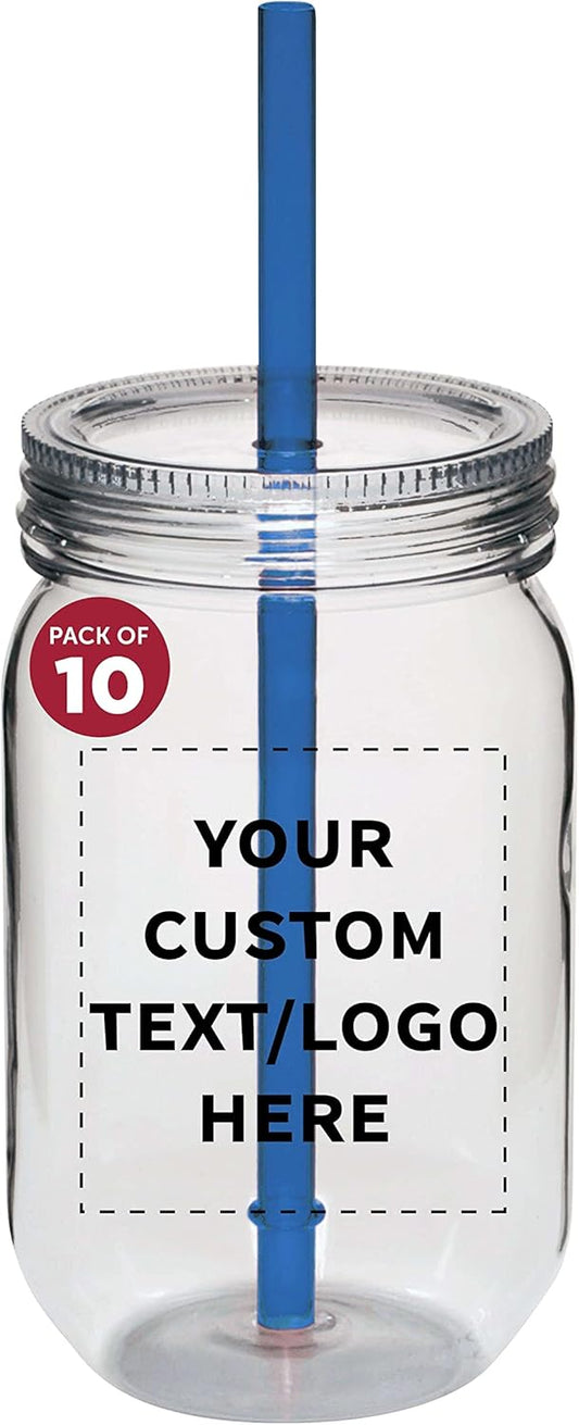 Bulk Pack of 10 Personalized 24 oz Plastic Mason Jars with Straw - Blue Set for Overnight Oats, Fruits, Candies, Pickles, Spices, Beverages - Discount Promos