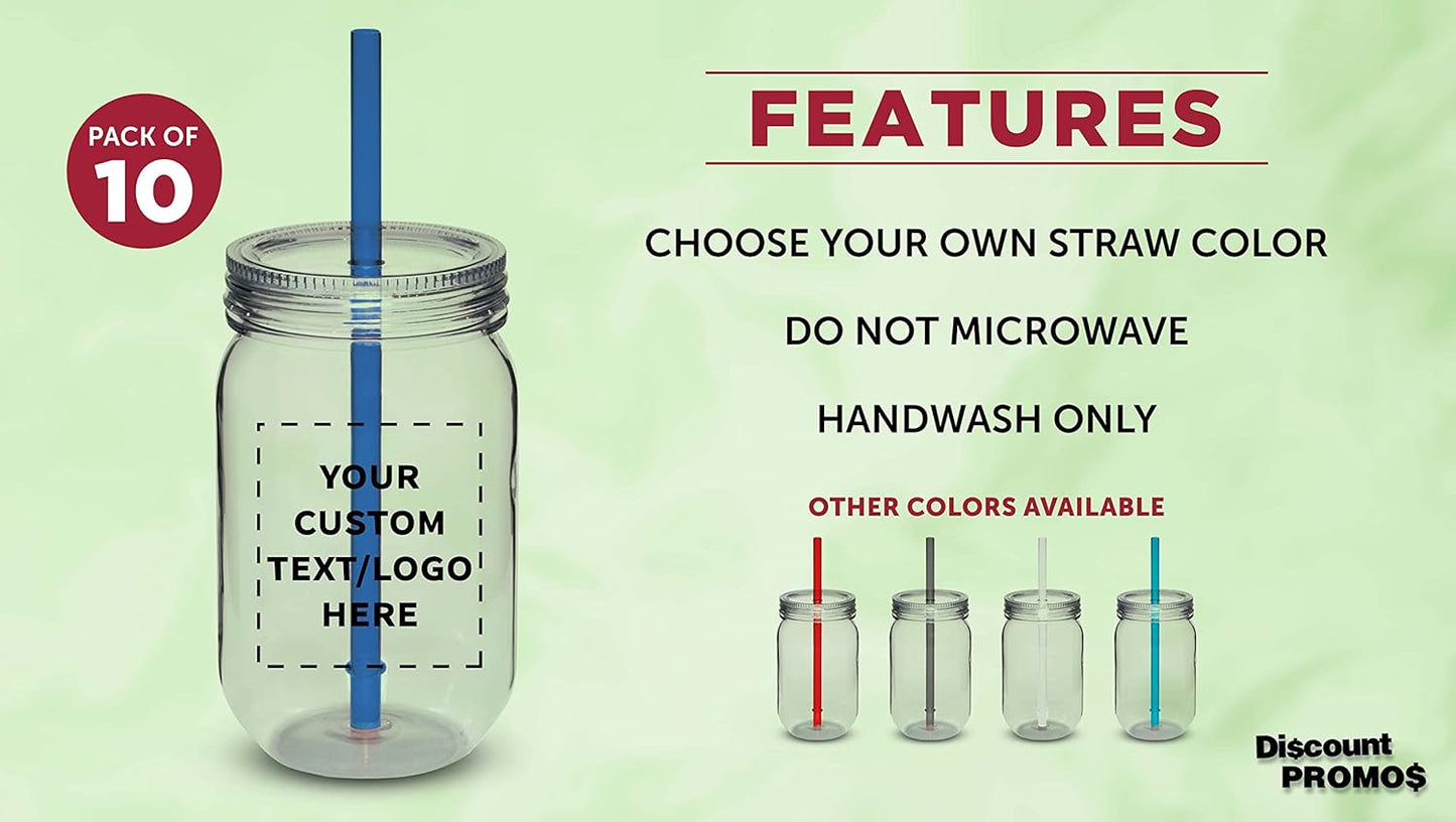 Bulk Pack of 10 Personalized 24 oz Plastic Mason Jars with Straw - Blue Set for Overnight Oats, Fruits, Candies, Pickles, Spices, Beverages - Discount Promos