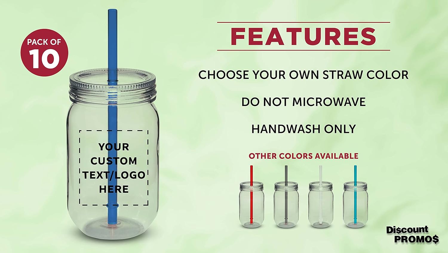 Bulk Pack of 10 Personalized 24 oz Plastic Mason Jars with Straw - Blue Set for Overnight Oats, Fruits, Candies, Pickles, Spices, Beverages - Discount Promos