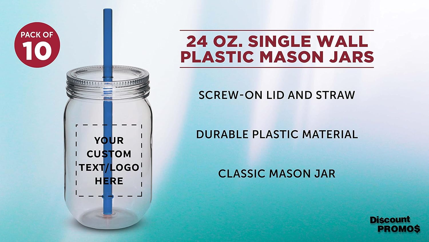 Bulk Pack of 10 Personalized 24 oz Plastic Mason Jars with Straw - Blue Set for Overnight Oats, Fruits, Candies, Pickles, Spices, Beverages - Discount Promos