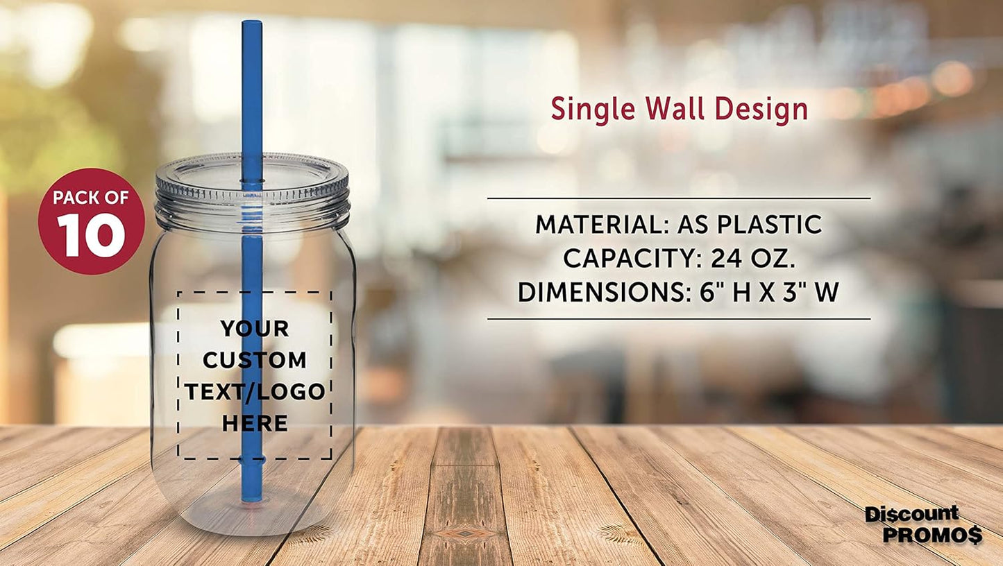 Bulk Pack of 10 Personalized 24 oz Plastic Mason Jars with Straw - Blue Set for Overnight Oats, Fruits, Candies, Pickles, Spices, Beverages - Discount Promos