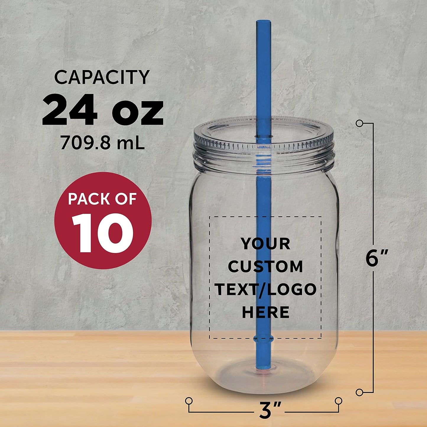 Bulk Pack of 10 Personalized 24 oz Plastic Mason Jars with Straw - Blue Set for Overnight Oats, Fruits, Candies, Pickles, Spices, Beverages - Discount Promos
