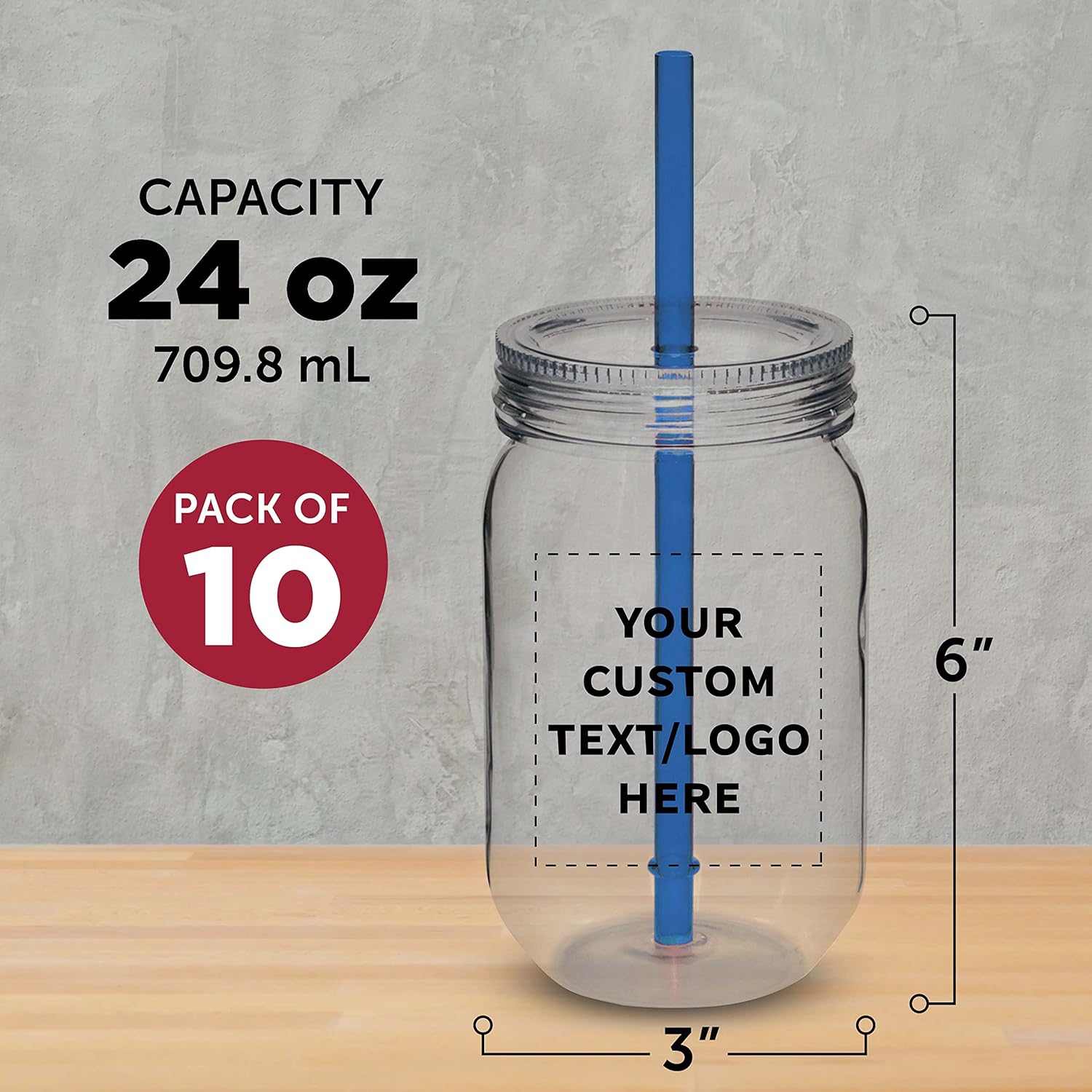 Bulk Pack of 10 Personalized 24 oz Plastic Mason Jars with Straw - Blue Set for Overnight Oats, Fruits, Candies, Pickles, Spices, Beverages - Discount Promos