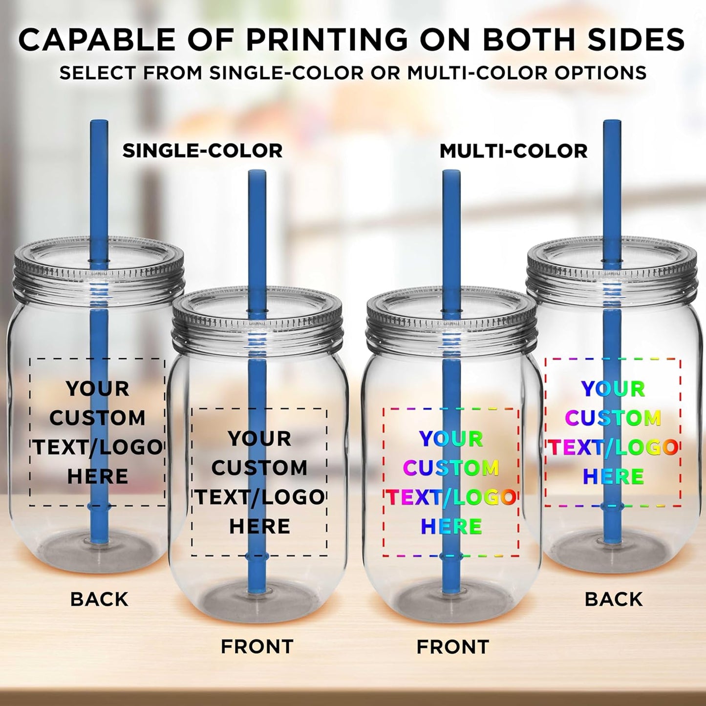 Bulk Pack of 10 Personalized 24 oz Plastic Mason Jars with Straw - Blue Set for Overnight Oats, Fruits, Candies, Pickles, Spices, Beverages - Discount Promos