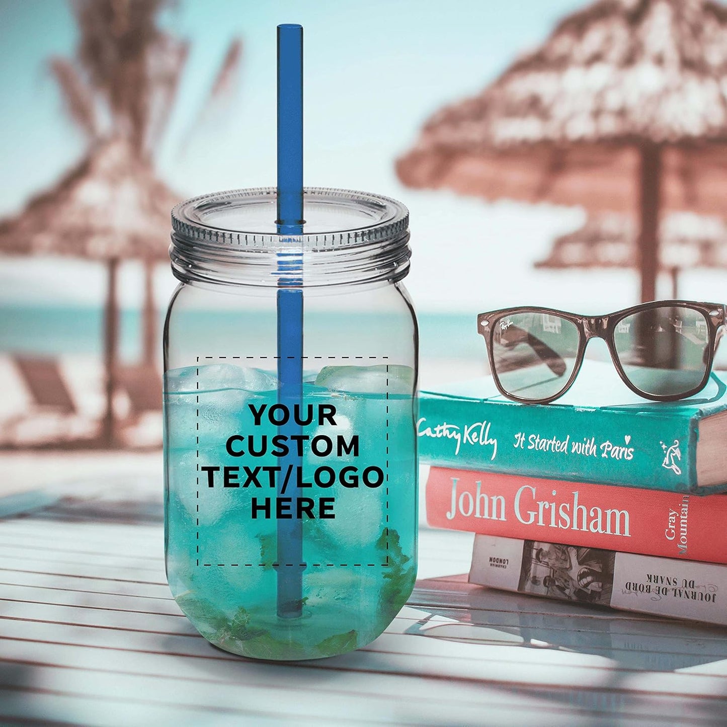 Bulk Pack of 10 Personalized 24 oz Plastic Mason Jars with Straw - Blue Set for Overnight Oats, Fruits, Candies, Pickles, Spices, Beverages - Discount Promos