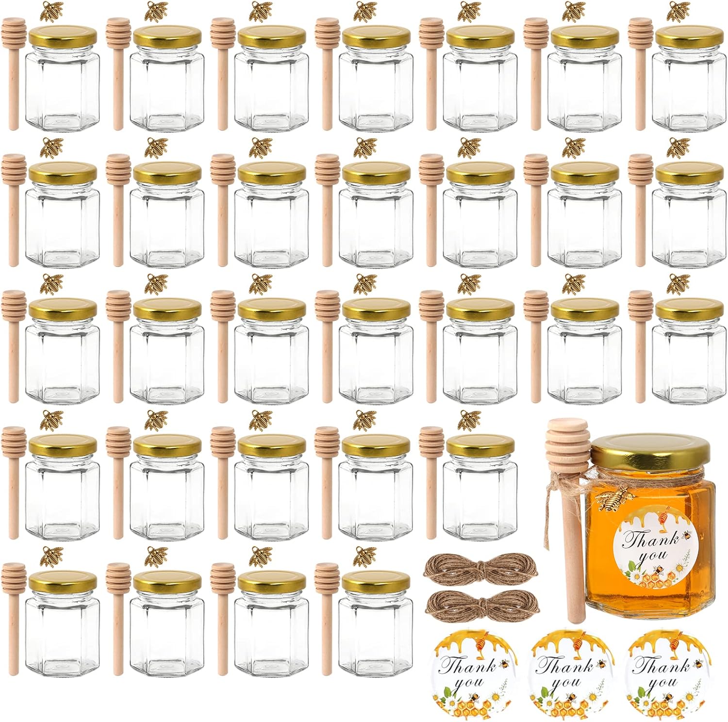 Bulk Set of 30 Hexagonal Mini Glass Honey Jars with Wooden Dips and Bee Decor - Ideal for Baby Showers, Parties, and Weddings