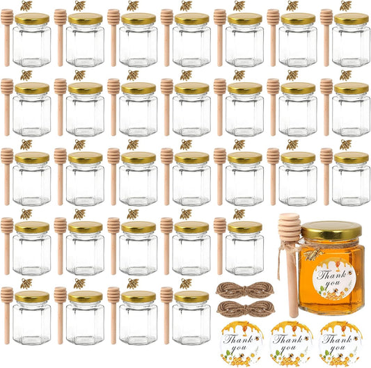 Bulk Set of 30 Hexagonal Mini Glass Honey Jars with Wooden Dips and Bee Decor - Ideal for Baby Showers, Parties, and Weddings