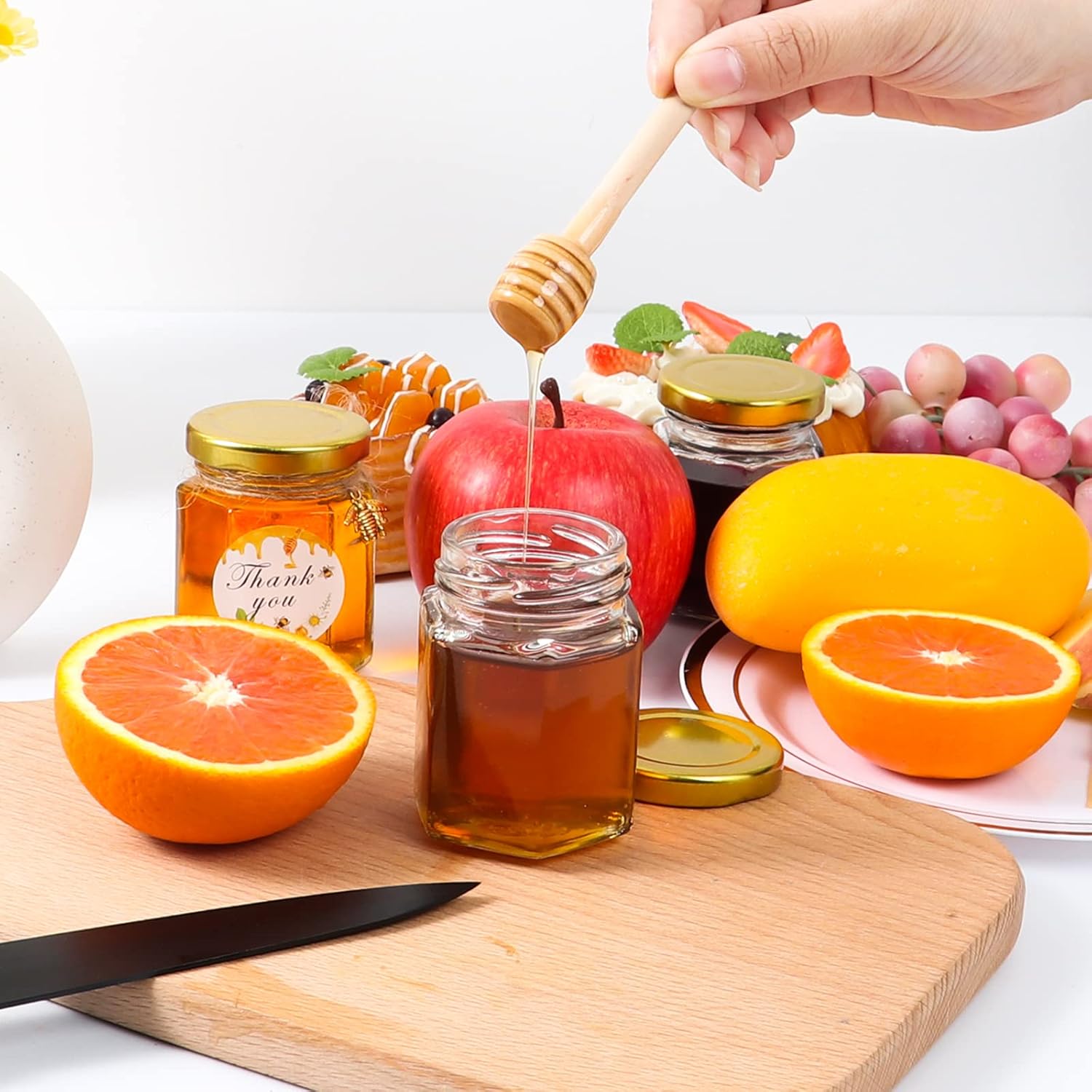 Bulk Set of 30 Hexagonal Mini Glass Honey Jars with Wooden Dips and Bee Decor - Ideal for Baby Showers, Parties, and Weddings
