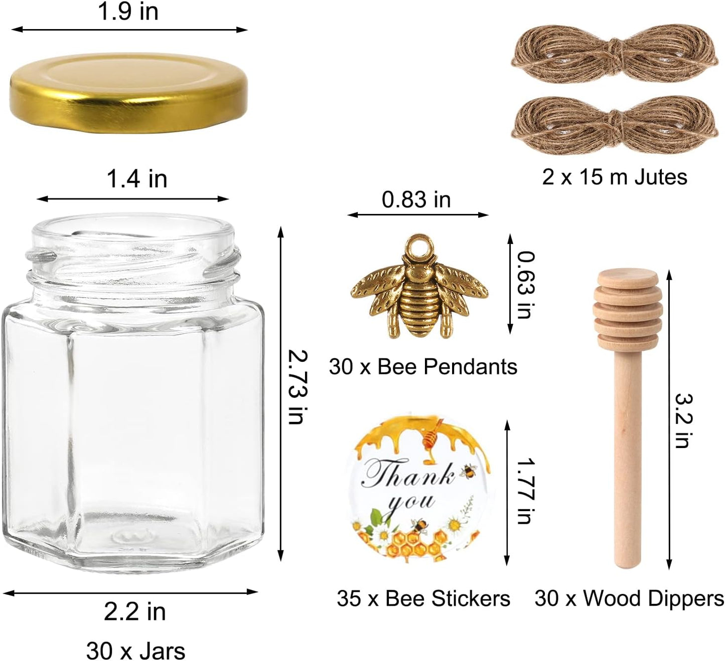 Bulk Set of 30 Hexagonal Mini Glass Honey Jars with Wooden Dips and Bee Decor - Ideal for Baby Showers, Parties, and Weddings
