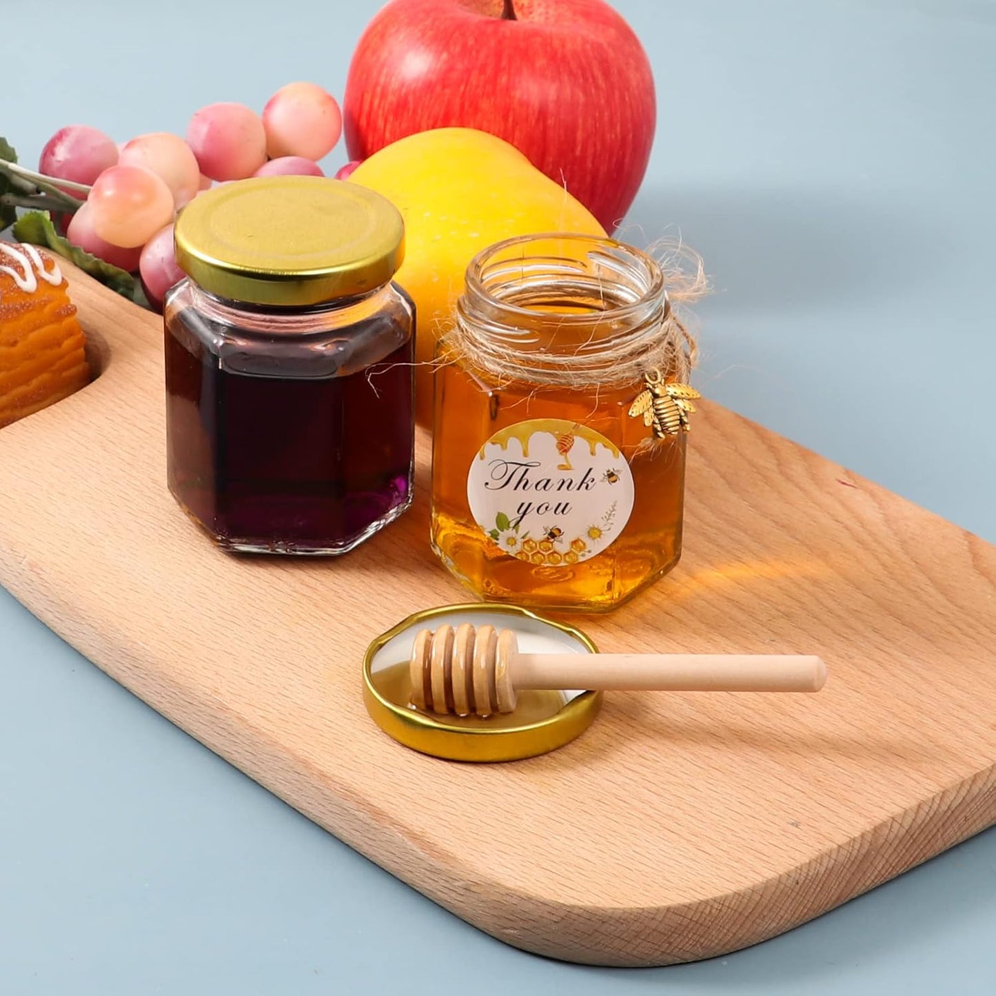 Bulk Set of 30 Hexagonal Mini Glass Honey Jars with Wooden Dips and Bee Decor - Ideal for Baby Showers, Parties, and Weddings