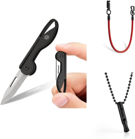 Bundle: Mini Titanium Pocket Knife, Emergency Whistle, and Jeans Keychain - KeyUnity KK05BK, KA22BK, KD02BR