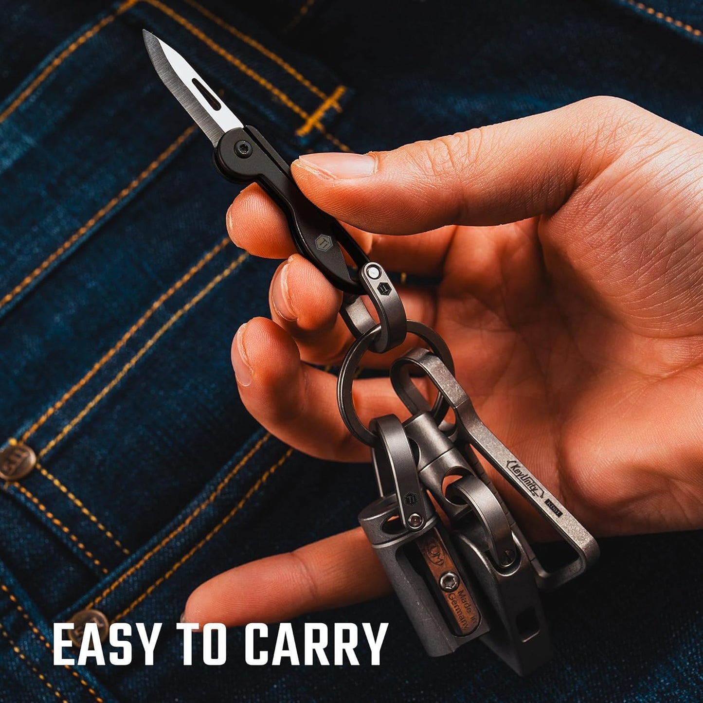 Bundle: Mini Titanium Pocket Knife, Emergency Whistle, and Jeans Keychain - KeyUnity KK05BK, KA22BK, KD02BR