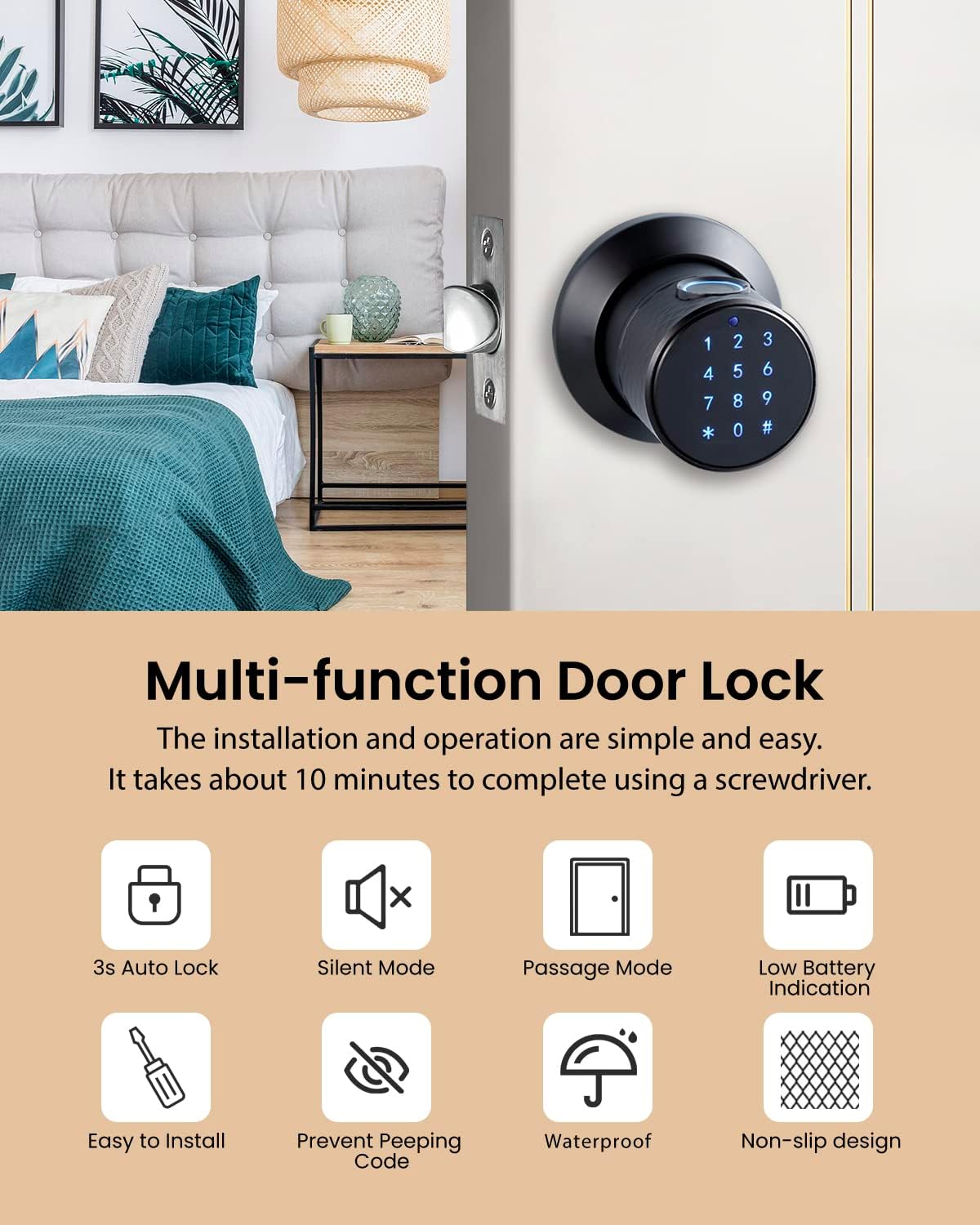 Buoan Smart Fingerprint Door Knob with Keypad and Sensor - Keyless Entry Lock for Home, Office, Hotel, Garage - Unlocking Records - No App Needed