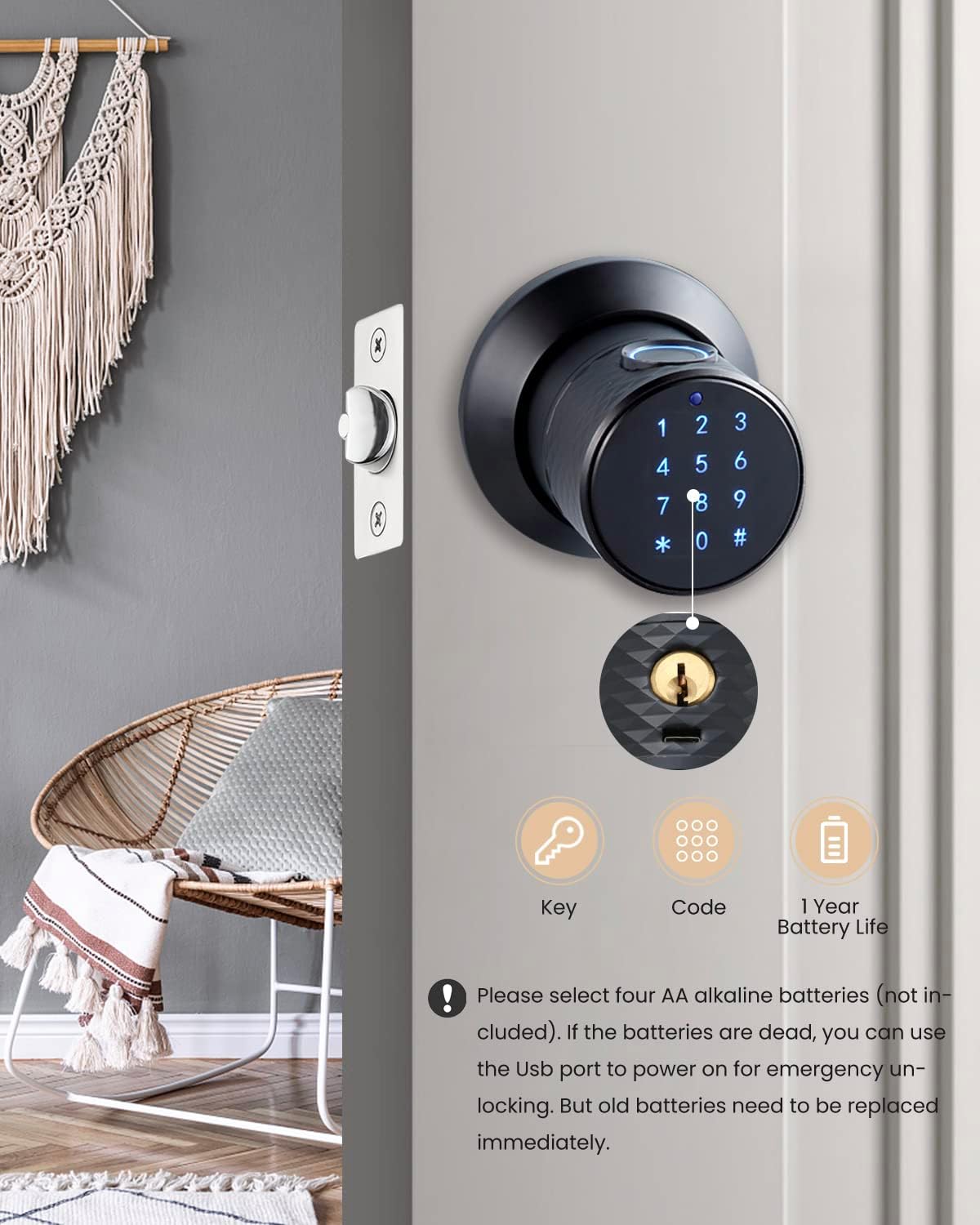 Buoan Smart Fingerprint Door Knob with Keypad and Sensor - Keyless Entry Lock for Home, Office, Hotel, Garage - Unlocking Records - No App Needed