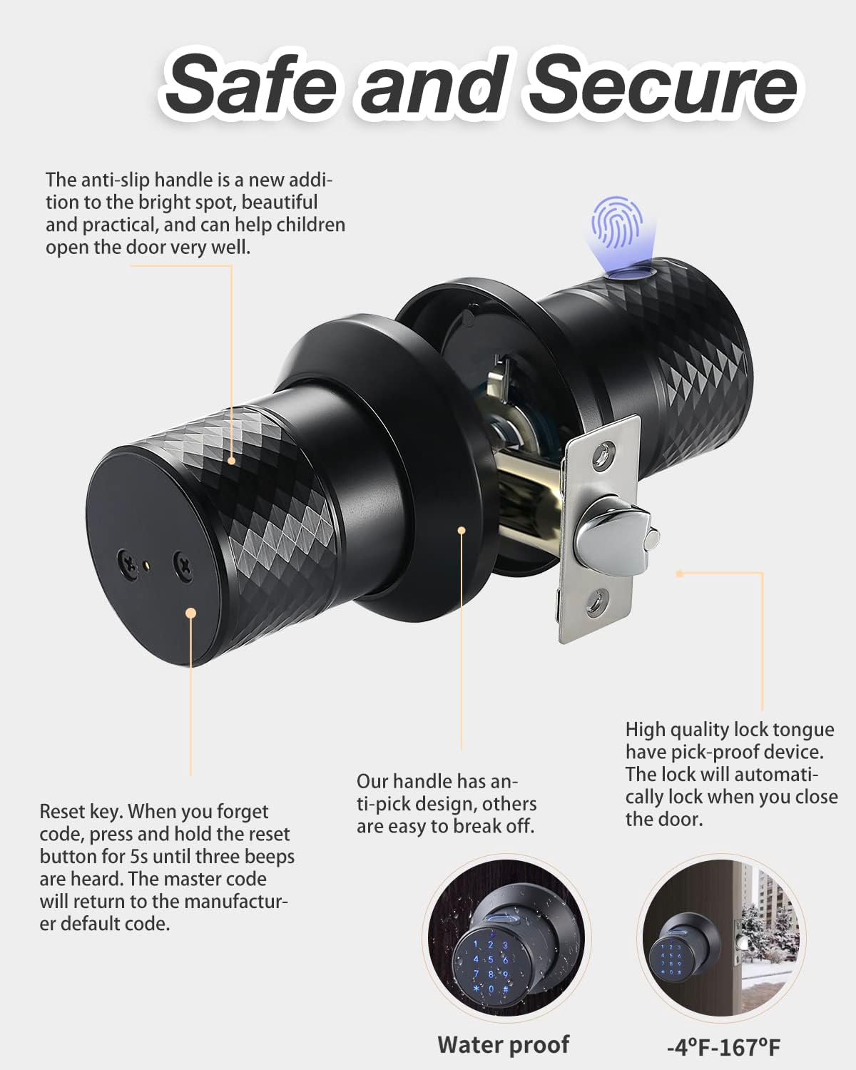 Buoan Smart Fingerprint Door Knob with Keypad and Sensor - Keyless Entry Lock for Home, Office, Hotel, Garage - Unlocking Records - No App Needed