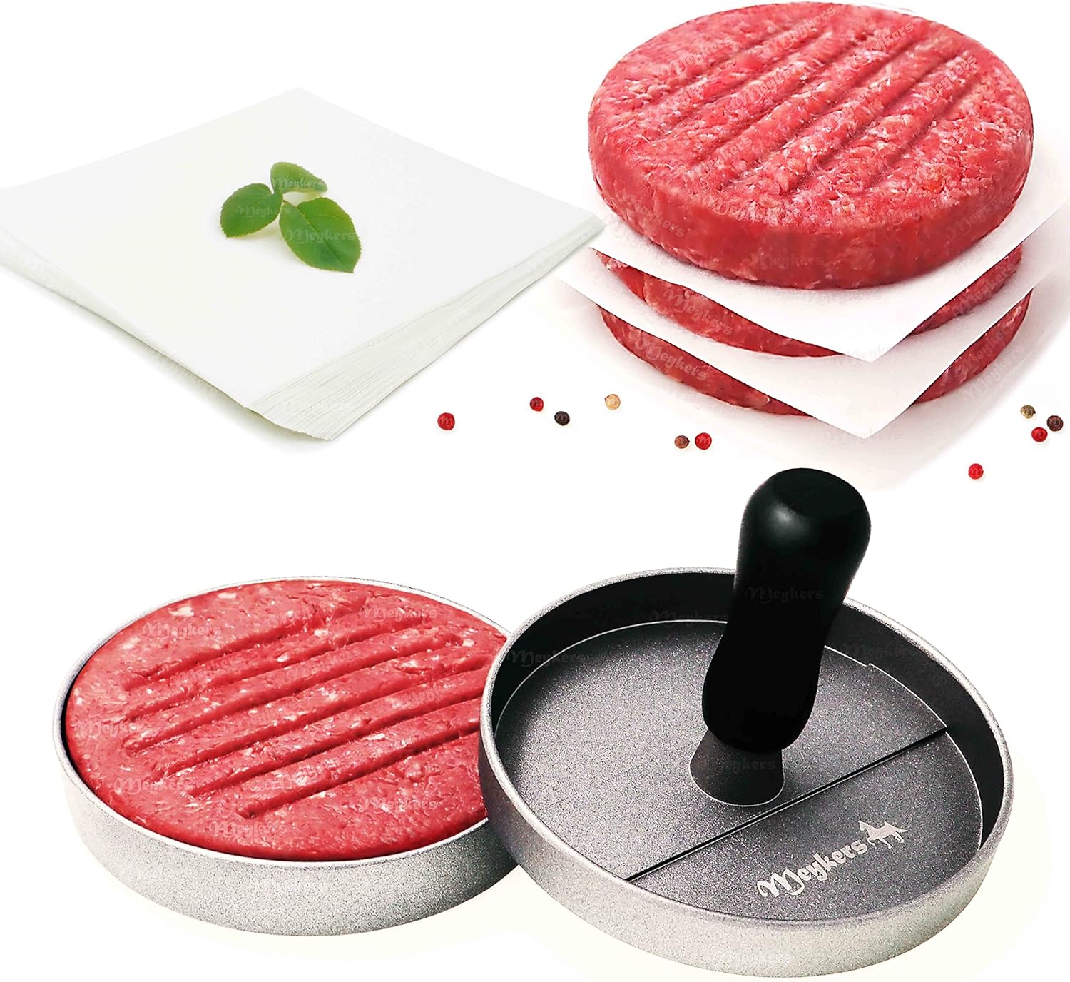 Burger Press with 100 Patty Papers Set - Non-Stick Hamburger Maker Mold for Grill BBQ - BPA Free & Dishwasher Safe