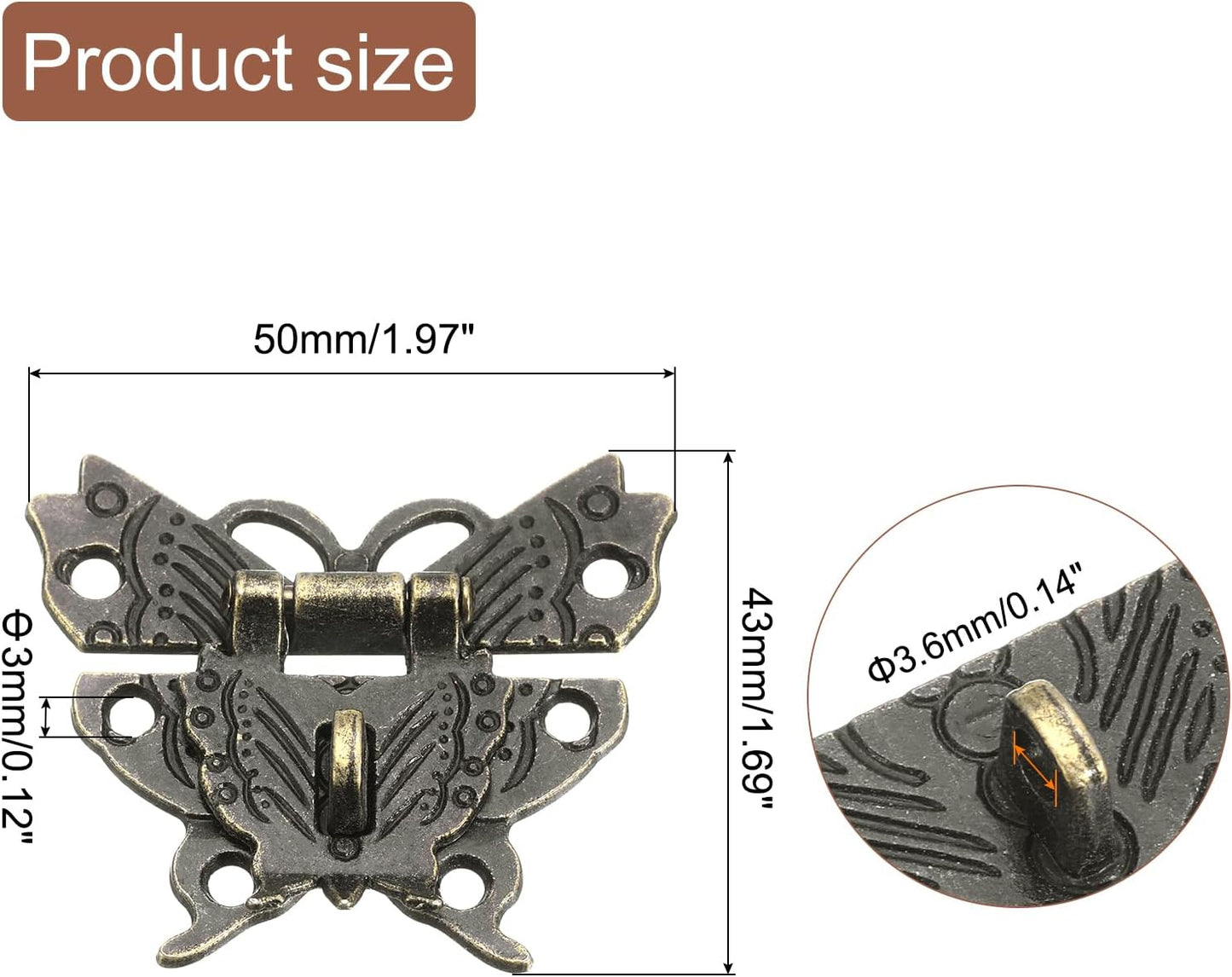 Butterfly Decorative Retro Box Toggle Latch with Padlock Hole - 43 x 50mm Bronze Hasp Clasp for Jewelry Box, Suitcase, Toolbox