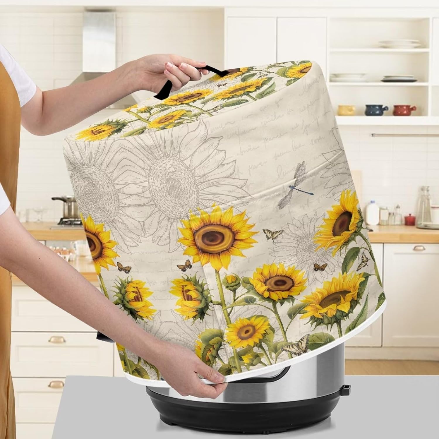 Butterfly Dragonfly Sunflower Print Kitchen Appliance Dust Cover with Pockets - Compatible with Electric Pressure Cookers, Rice Cookers, and Air Fryers - 3 Qt Pot Size