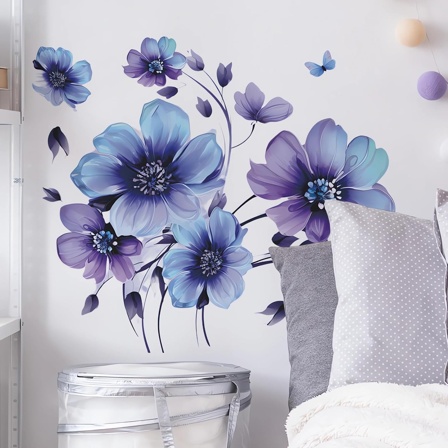 Butterfly Floral Wall Decals - Blue-Purple Daisy Violets Flower Stickers for Living Room, Bedroom, Nursery - Removable Vinyl Art