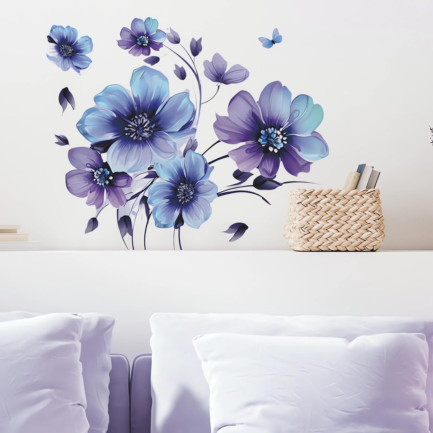 Butterfly Floral Wall Decals - Blue-Purple Daisy Violets Flower Stickers for Living Room, Bedroom, Nursery - Removable Vinyl Art
