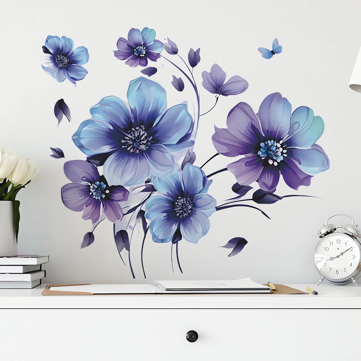 Butterfly Floral Wall Decals - Blue-Purple Daisy Violets Flower Stickers for Living Room, Bedroom, Nursery - Removable Vinyl Art