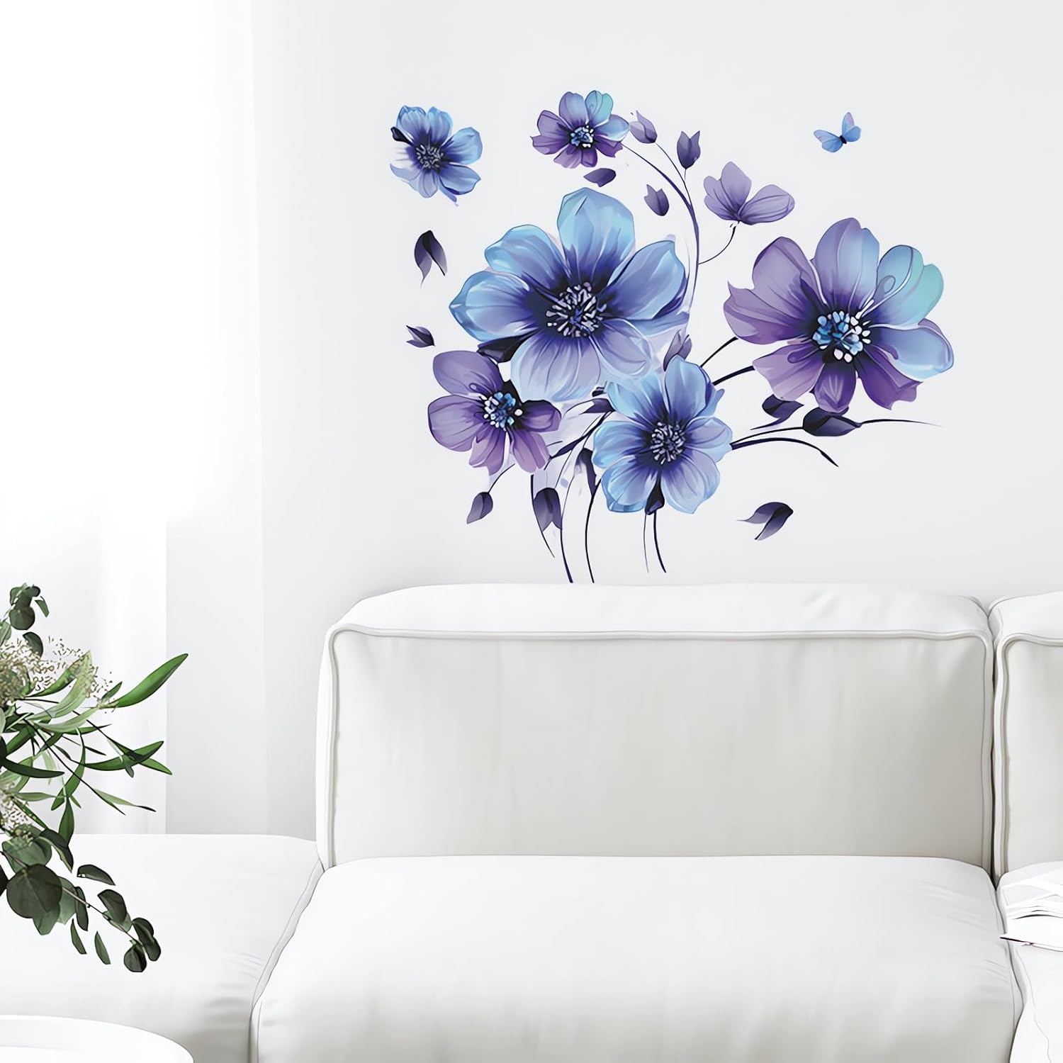 Butterfly Floral Wall Decals - Blue-Purple Daisy Violets Flower Stickers for Living Room, Bedroom, Nursery - Removable Vinyl Art