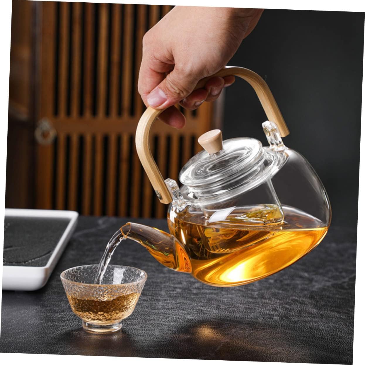 Cabilock 1000ml High Borosilicate Glass Tea Kettle with Strainer - Heatproof for Loose Leaf Tea - Elegant Design for Dad and Mom