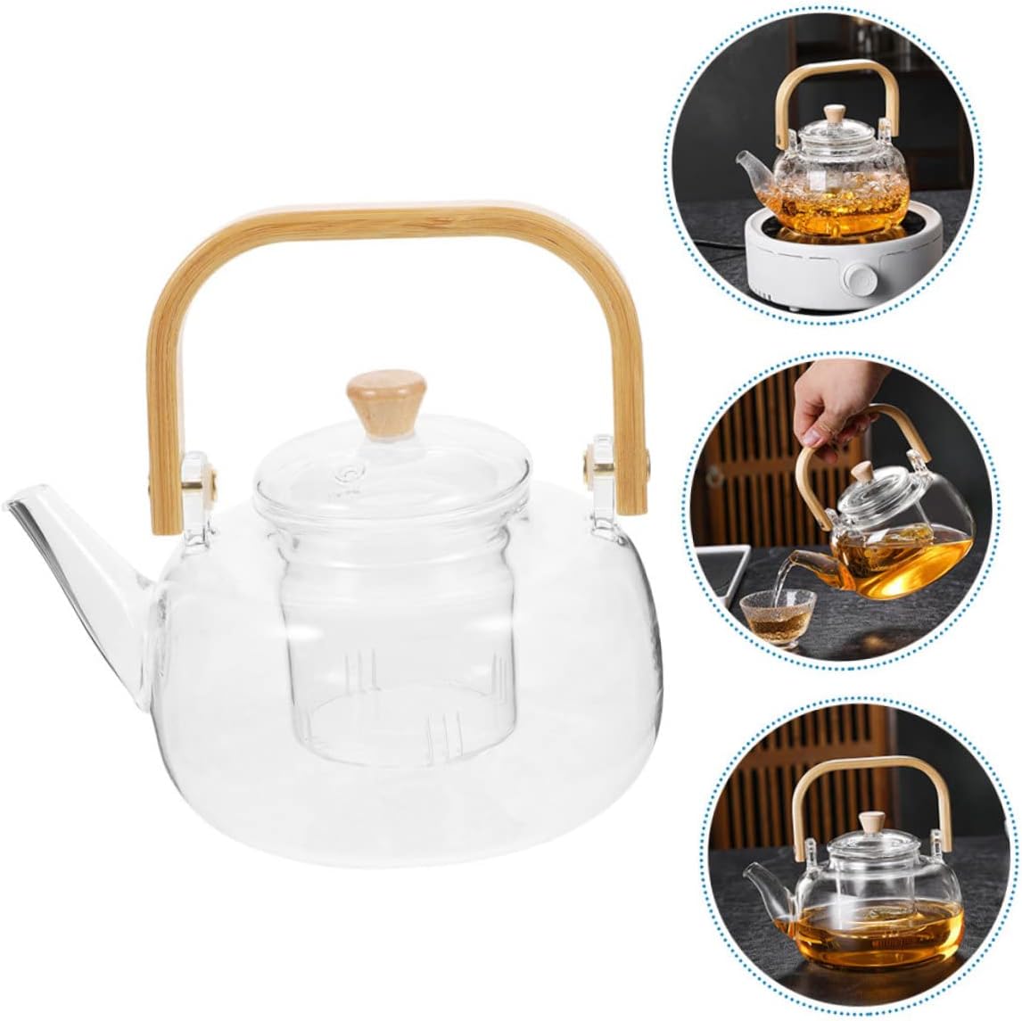 Cabilock 1000ml High Borosilicate Glass Tea Kettle with Strainer - Heatproof for Loose Leaf Tea - Elegant Design for Dad and Mom
