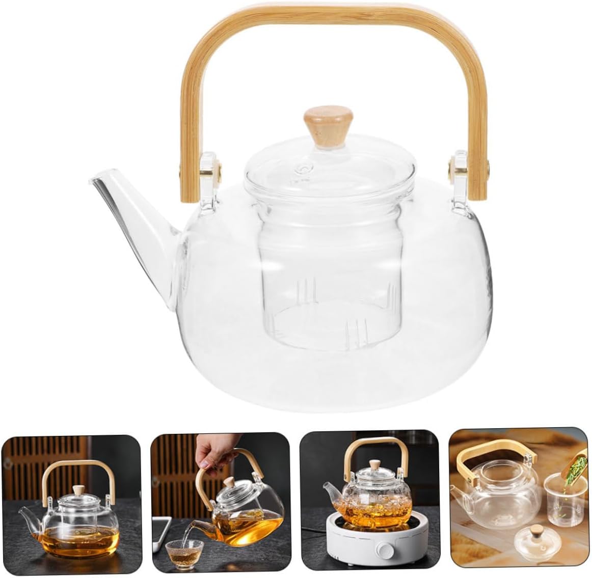 Cabilock 1000ml High Borosilicate Glass Tea Kettle with Strainer - Heatproof for Loose Leaf Tea - Elegant Design for Dad and Mom